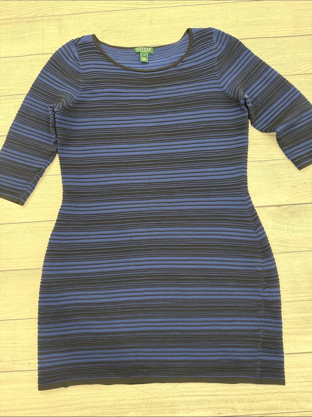 Lauren Ralph Lauren Blue Black Ribbed Knit Sheath Dress XL 3/4 Sleeve